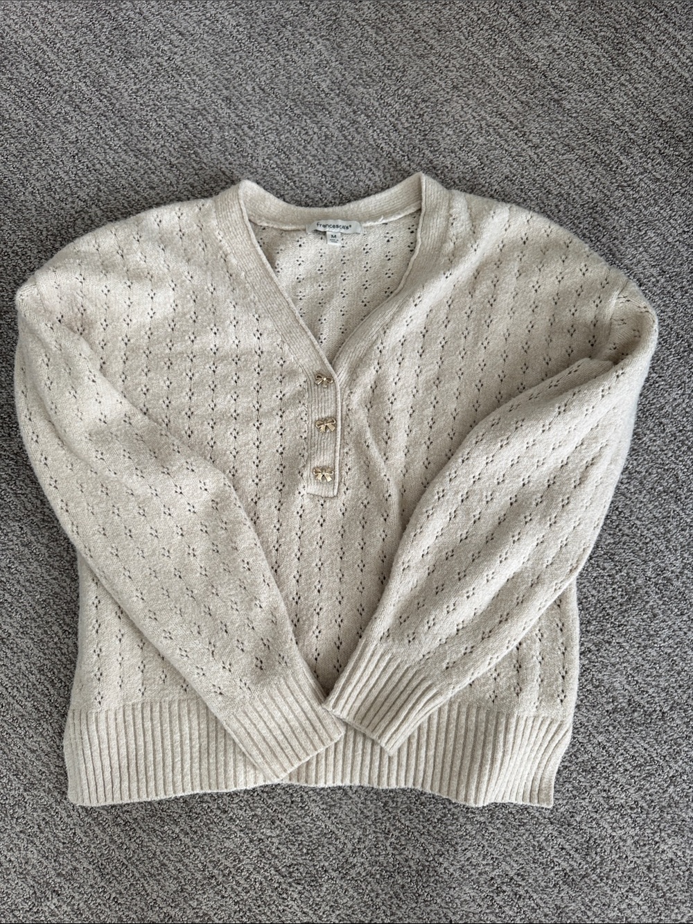 Francesca's Cream Pointelle V-Neck Sweater with Gold Buttons